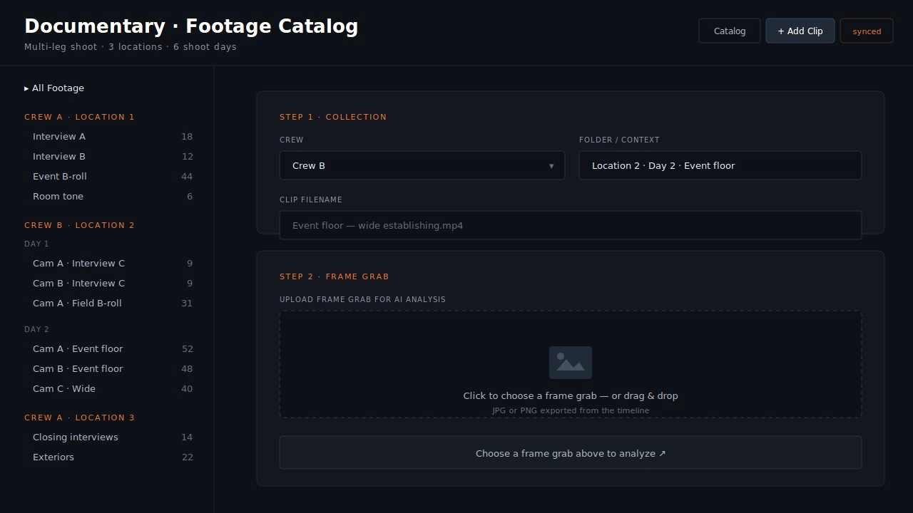 A footage cataloging tool organizing a multi-leg documentary shoot by crew, location, and day.