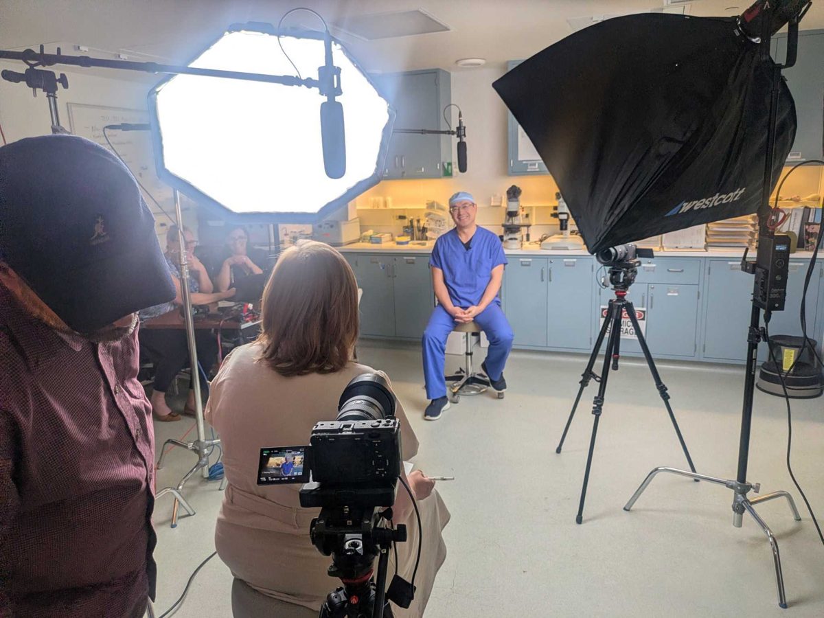 Two-camera interview setup in a hospital laboratory.