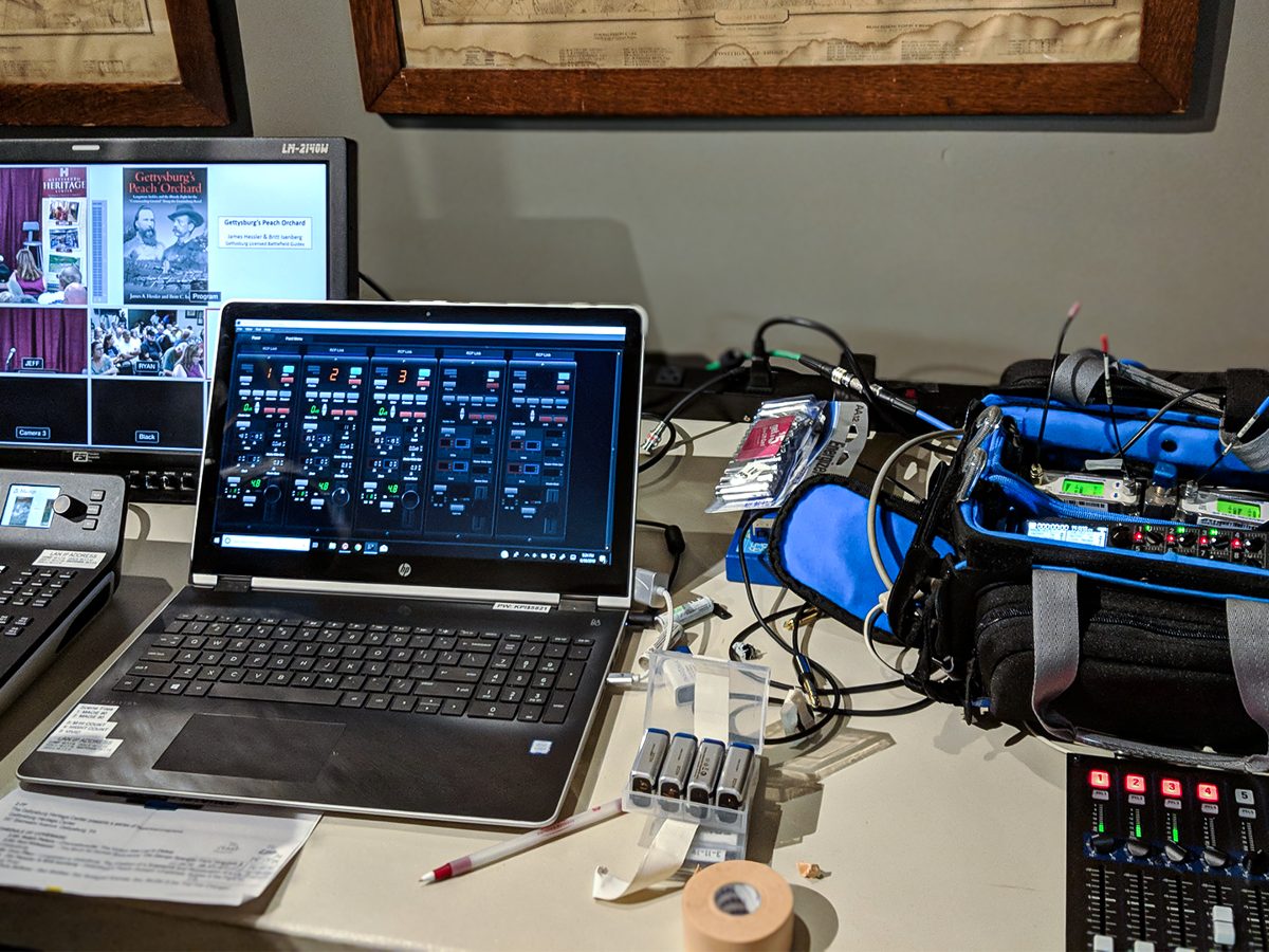 Multi-camera switcher and field mixer running a live event capture.