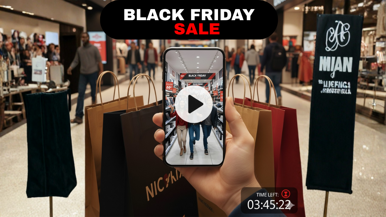 Black Friday video ads displayed on mobile phone in shopping mall with countdown timer and shopping bags