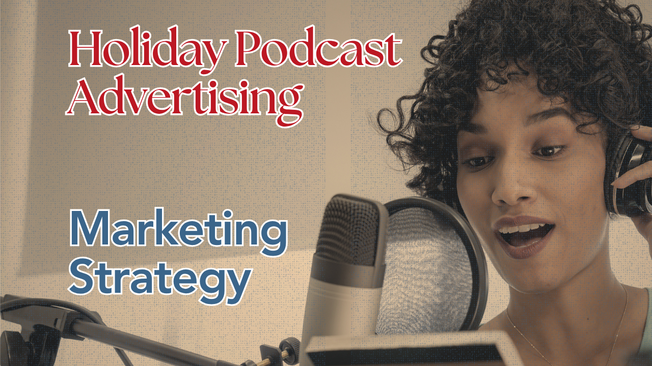SMB marketing manager planning holiday podcast advertising campaign strategy with microphone and seasonal decorations