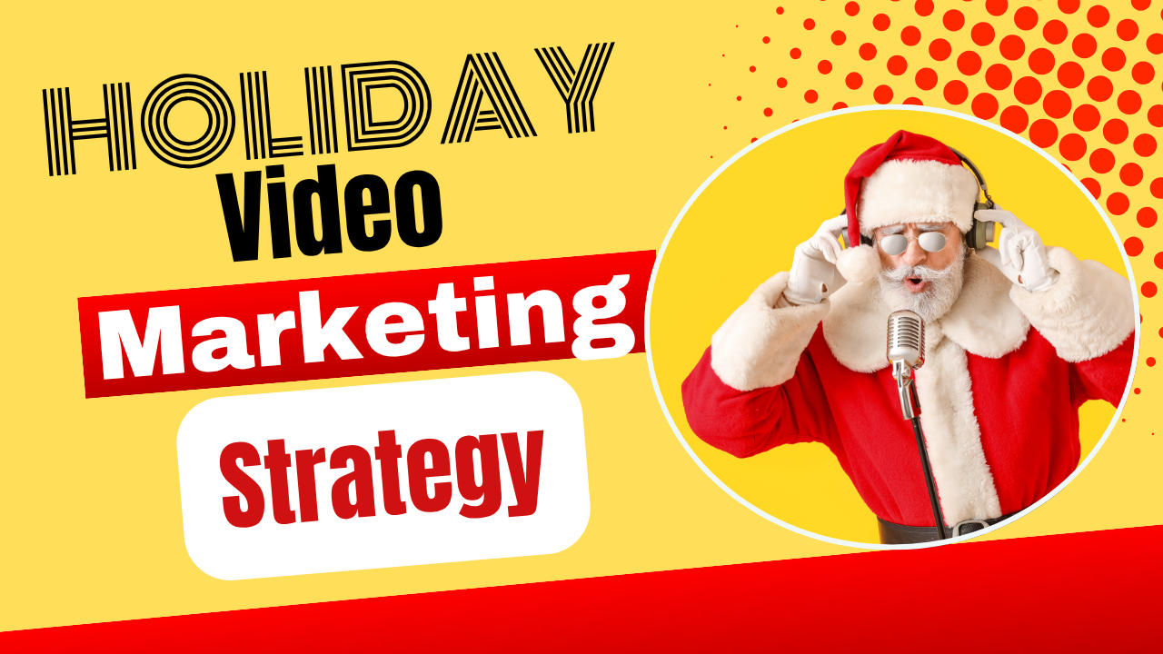 Santa Claus wearing headphones recording holiday video marketing content with vintage microphone