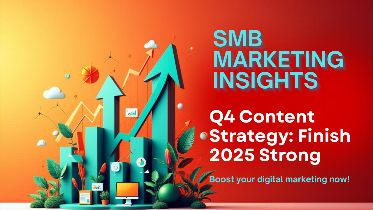 3D illustration of upward growth arrows and digital marketing charts representing Q4 content strategy success for SMBs
