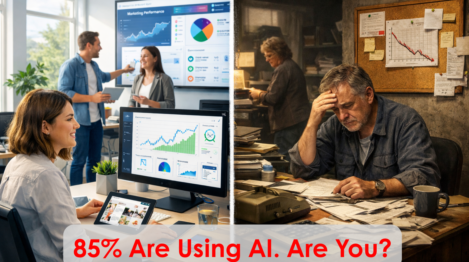 Illustration showing the divide between small businesses adopting AI and those falling behind in 2026.