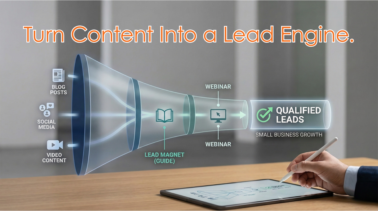 Content marketing funnel diagram showing lead generation stages from awareness to conversion for SMB businesses