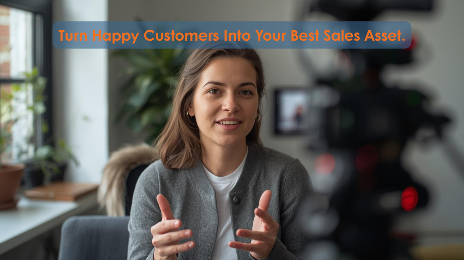 Professional video testimonial recording session showing SMB customer sharing authentic product experience for conversion optimization