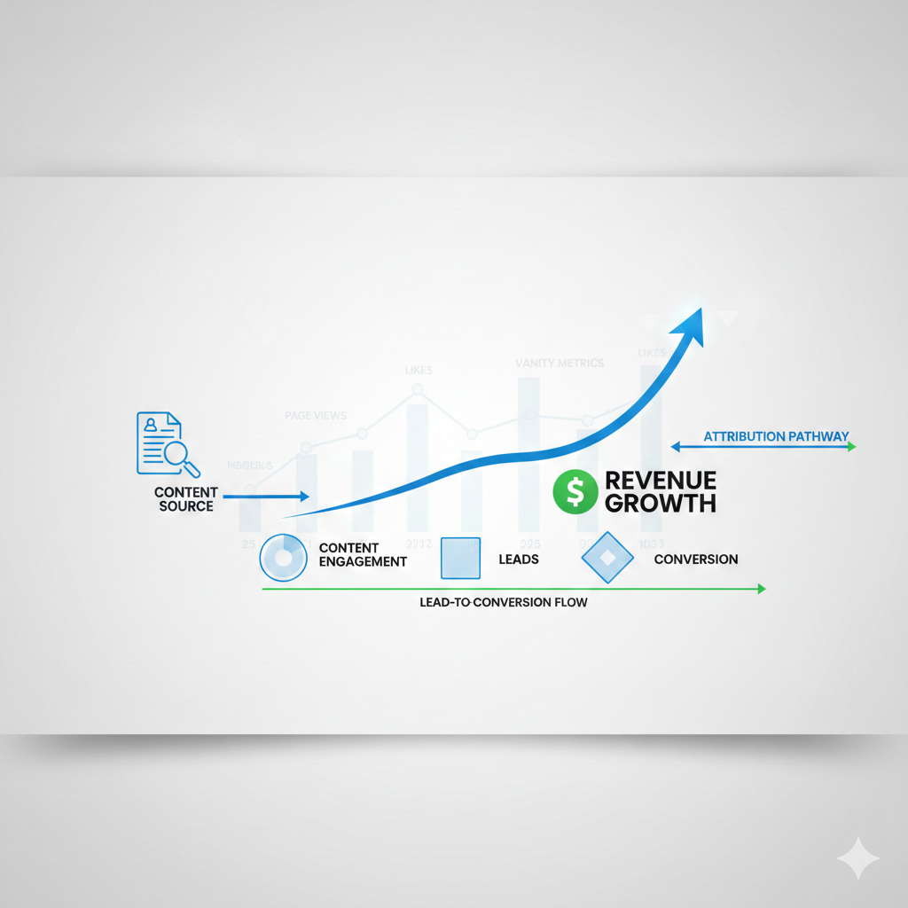 Content metrics revenue dashboard showing lead quality, conversion rates, and ROI tracking for SMB marketing analytics