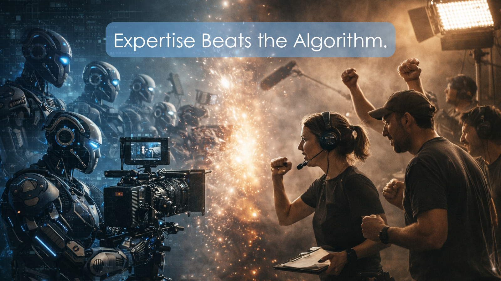 A professional video production crew setting up cameras and lighting on location for an SMB brand shoot