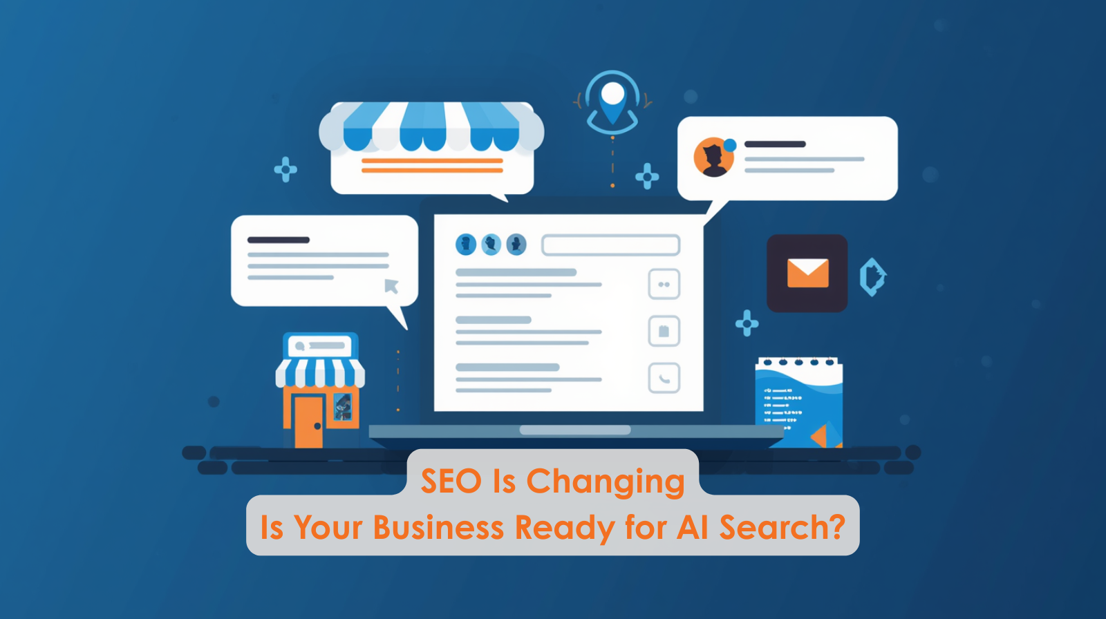 Small business owner reviewing AIO vs SEO strategy on laptop — Q'dUp content marketing guide