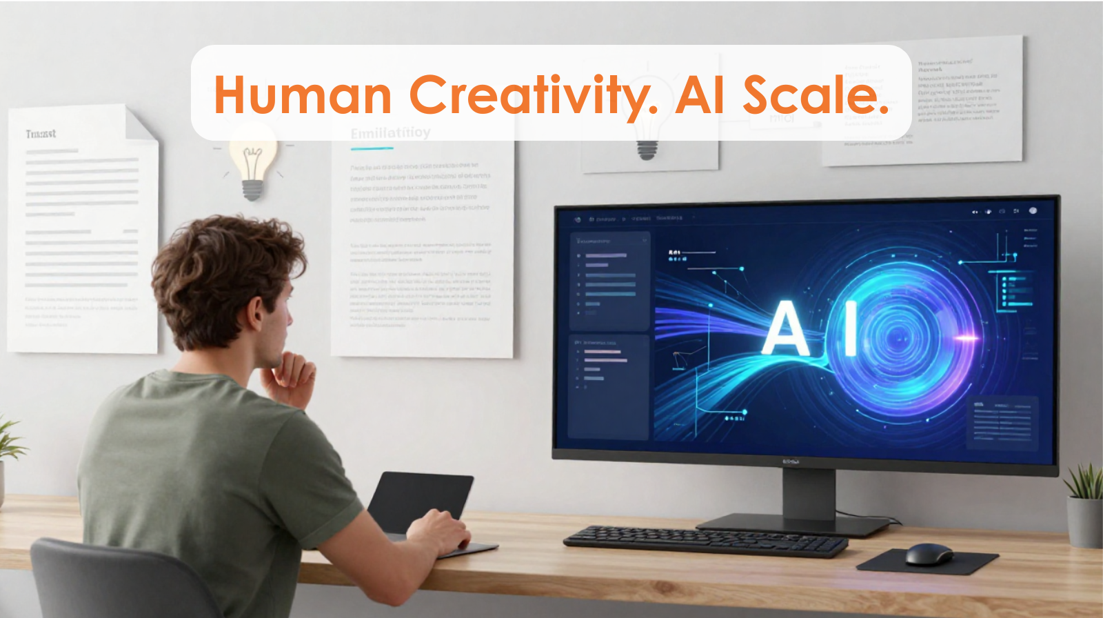 Human and AI content partnership showing collaboration between a marketer and AI tools for SMB content marketing strategy