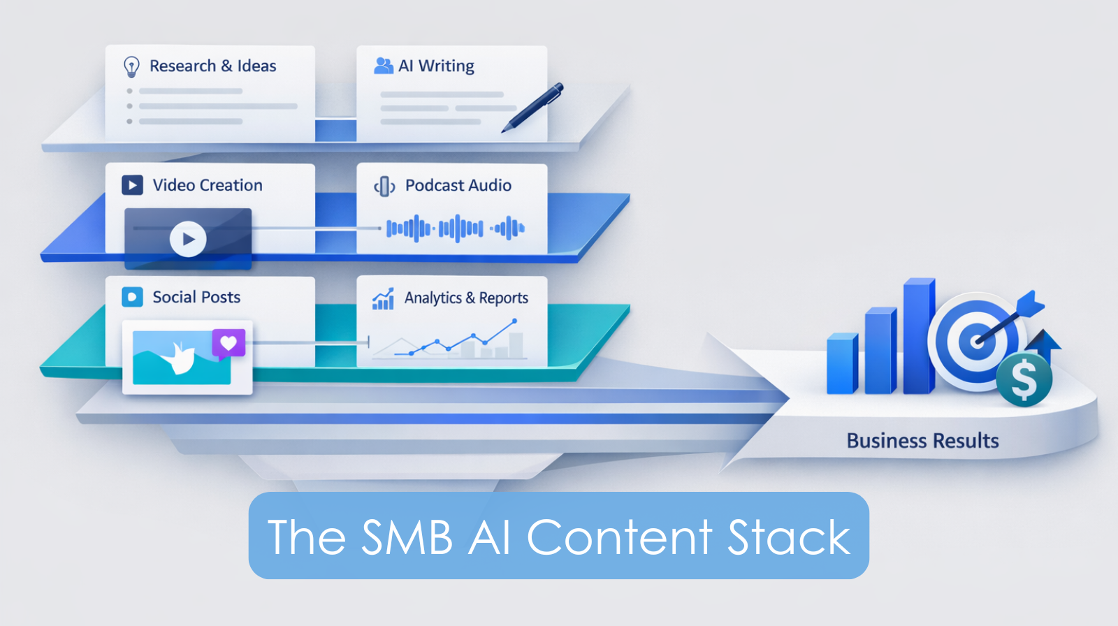 Seven AI content tools displayed as a strategic stack for SMB marketers in 2026