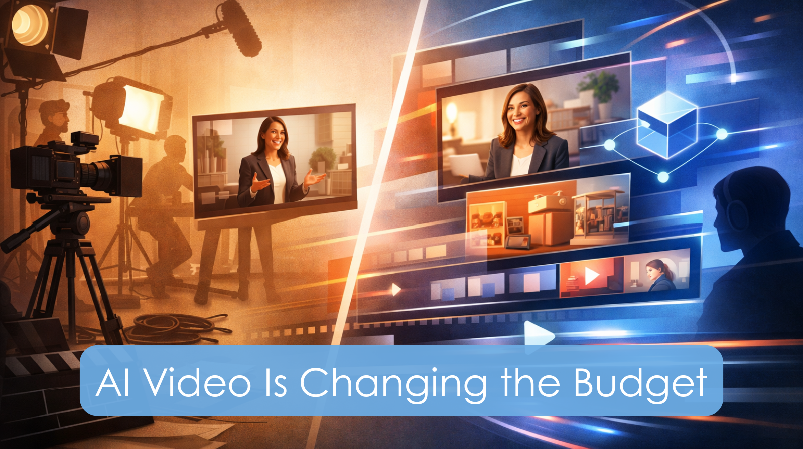 Small business owner reviewing AI video production cost dashboard showing 70% savings compared to traditional video marketing in 2026