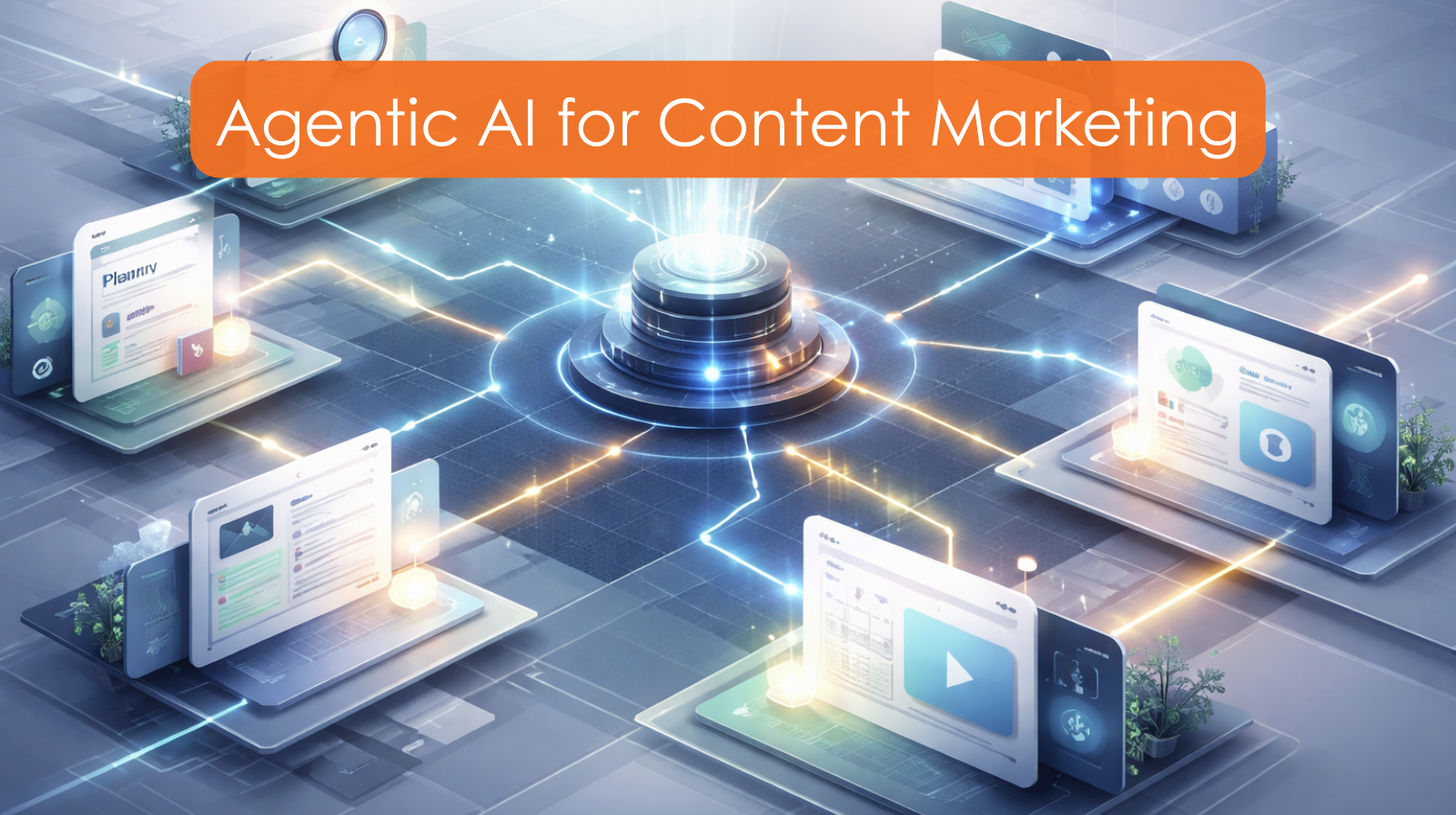 SMB marketer reviewing agentic AI content marketing workflow dashboard — Q’dUp Agency