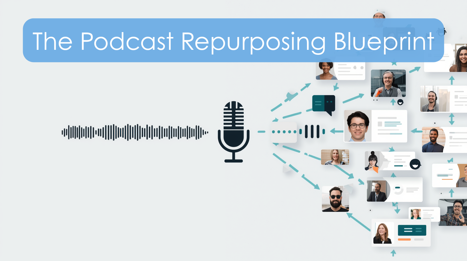 SMB podcaster reviewing a podcast repurposing content blueprint on a laptop, with podcast repurposing strategy charts visible in the background.