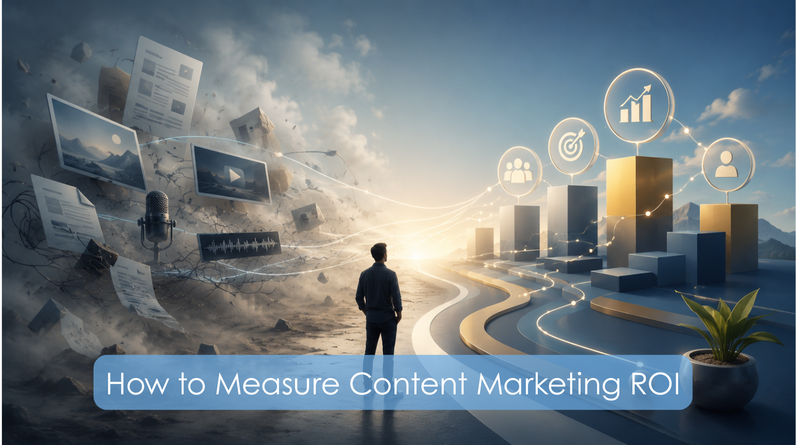 SMB business owner reviewing content marketing ROI dashboard metrics on laptop screen